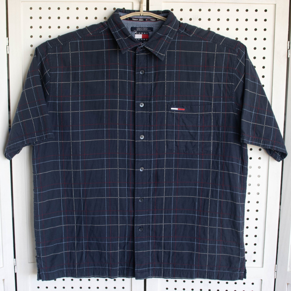 Tommy Hilfiger Jeans Mens SIZE XL Blue Stitch Plaid Button Up
